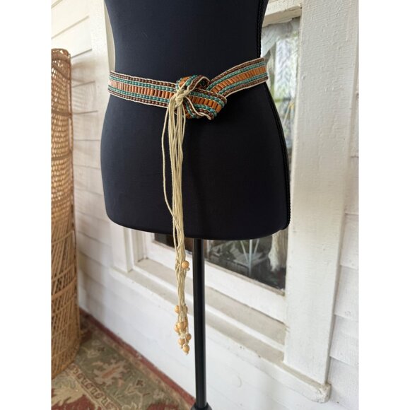 Vintage 70\'s Boho Woven Wood Bead Tie Womens Belt